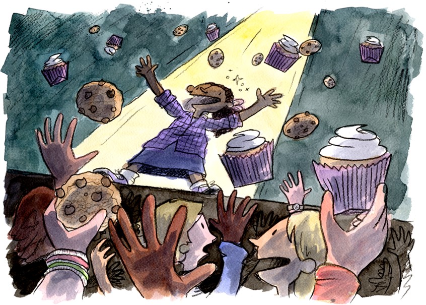 illustration of Excerpt from Pearla and her Unpredictably Perfect Day, written by Rochel Lieberman and published by Jessica Kingsley Publishers - A story about mitigating worry, and accepting mistakes as they happen // stage, spotlight, crowd, audience, cupcakes, cookies, food, dessert, imagination, dream, success, fame