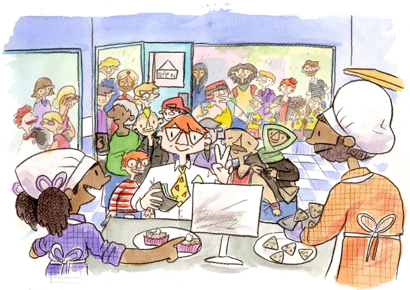 illustration of Excerpt from Pearla and her Unpredictably Perfect Day, written by Rochel Lieberman and published by Jessica Kingsley Publishers - A story about mitigating worry, and accepting mistakes as they happen. Sometimes mistakes can be a good thing, when they become happy accidents // bakery, baker, baking, cupcakes, cookies, chef, cook, crowd, shop, store, commerce, shopping, queue, father, daughter, plaid, flannel, colourful, colorful
