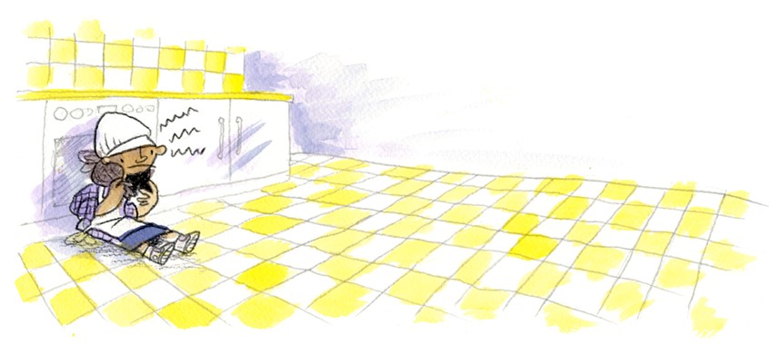 illustration of Excerpt from Pearla and her Unpredictably Perfect Day, written by Rochel Lieberman and published by Jessica Kingsley Publishers - A story about mitigating worry, and accepting mistakes as they happen // kitchen, bakery, oven, tiles, purple, yellow, contrast, loneliness, worry, fear, anxiety, stress, silence, alone, baker, chef, cook