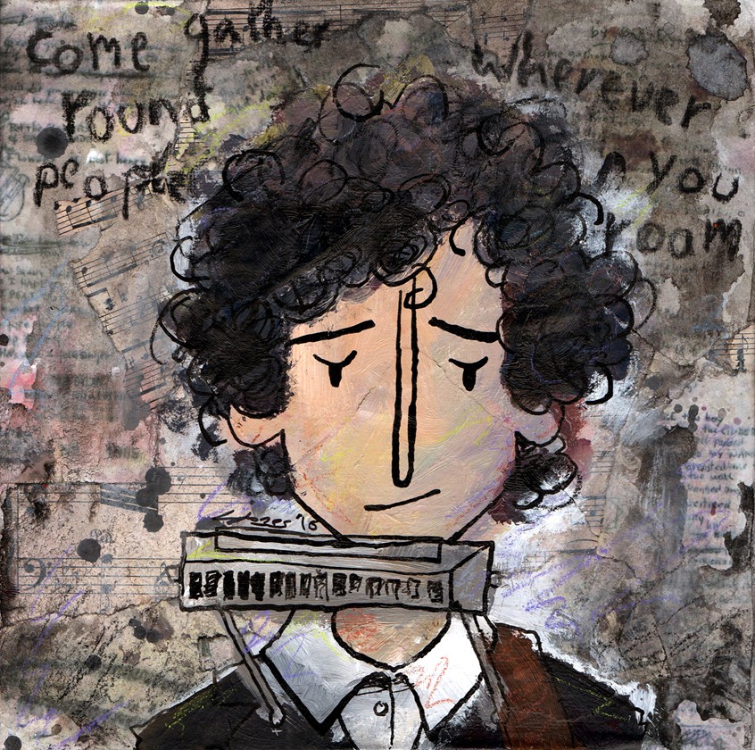 illustration of Commissioned piece for a caricature of Bob Dylan.
The canvas is collaged with scans of the original hand-written lyrics from some of his more famous songs, and sheet music // handwriting, tablature, harmonica, mouth organ, 1960s, 1964, musician, folk music