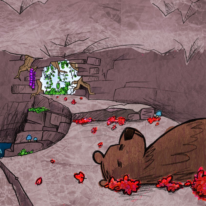 illustration of Excerpt from a work in progress picture book about animals, their habitats, the changing seasons, making friends and trying to find somewhere where you belong // cave, bear, hibernation, leaves, Autumn, Fall, Winter, mushroom, rock, forest, woods, roots