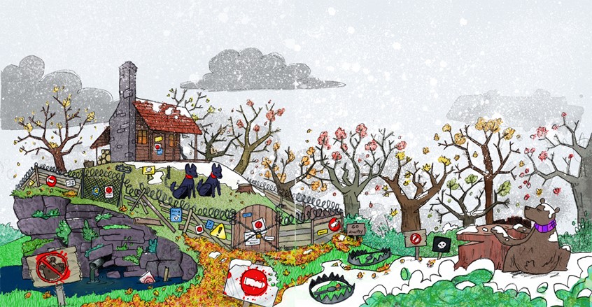 illustration of Excerpt from a work in progress picture book about animals, their habitats, the changing seasons, making friends and trying to find somewhere where you belong // bear, cabin, dogs, signs, deforestation, pollution, hermit, danger, shotgun, beartrap trap, warning, barbed wire, defense, defence, recluse, Autumn, Fall, Winter, forest, snow, clouds, leaves, cliff