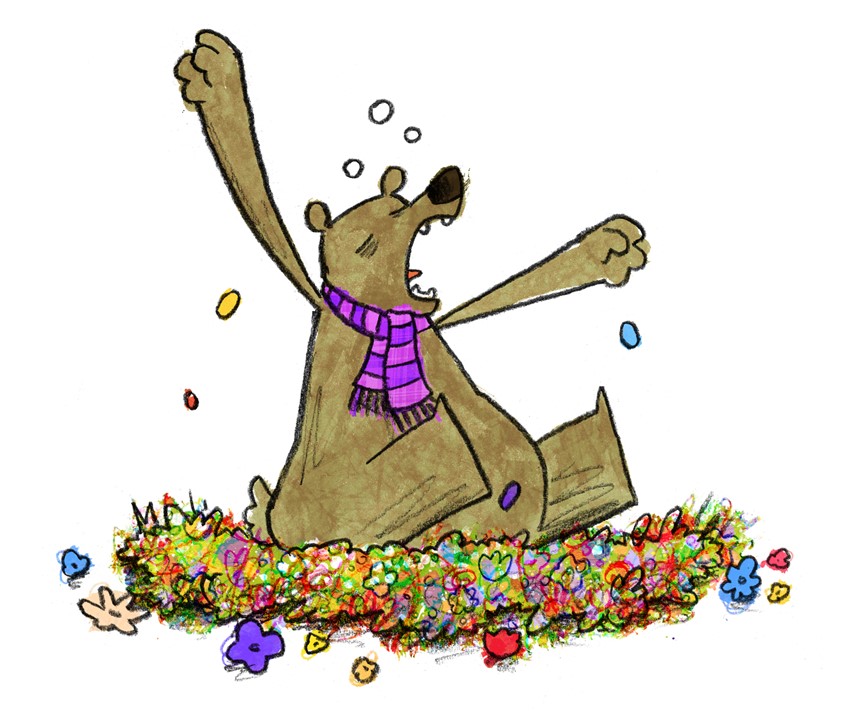 illustration of Excerpt from a work in progress picture book about animals, their habitats, the changing seasons, making friends and trying to find somewhere where you belong // bear, Spring, scarf, flowers, sleep, waking, hibernation, yawn, stretch, tired, blossoms, petals