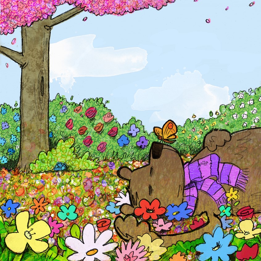 illustration of Excerpt from a work in progress picture book about animals, their habitats, the changing seasons, making friends and trying to find somewhere where you belong // bear, flowers, butterfly, Spring, scarf, forest, woods, blossoms, petals, roses, tree, mushroom, bushes, sleep, hibernation