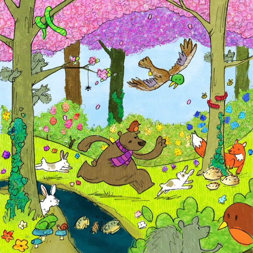 illustration of Excerpt from a work in progress picture book about animals, their habitats, the changing seasons, making friends and trying to find somewhere where you belong // bear, Spring, flowers, bloom, blossoms, petals, robins, bird, birds, snake, rabbits, frogs, toads, squirrels, spider, fish, trout, stream, forest, woods, duck, bees, bugs, millipede, fox, snail, scarf, mushrooms
