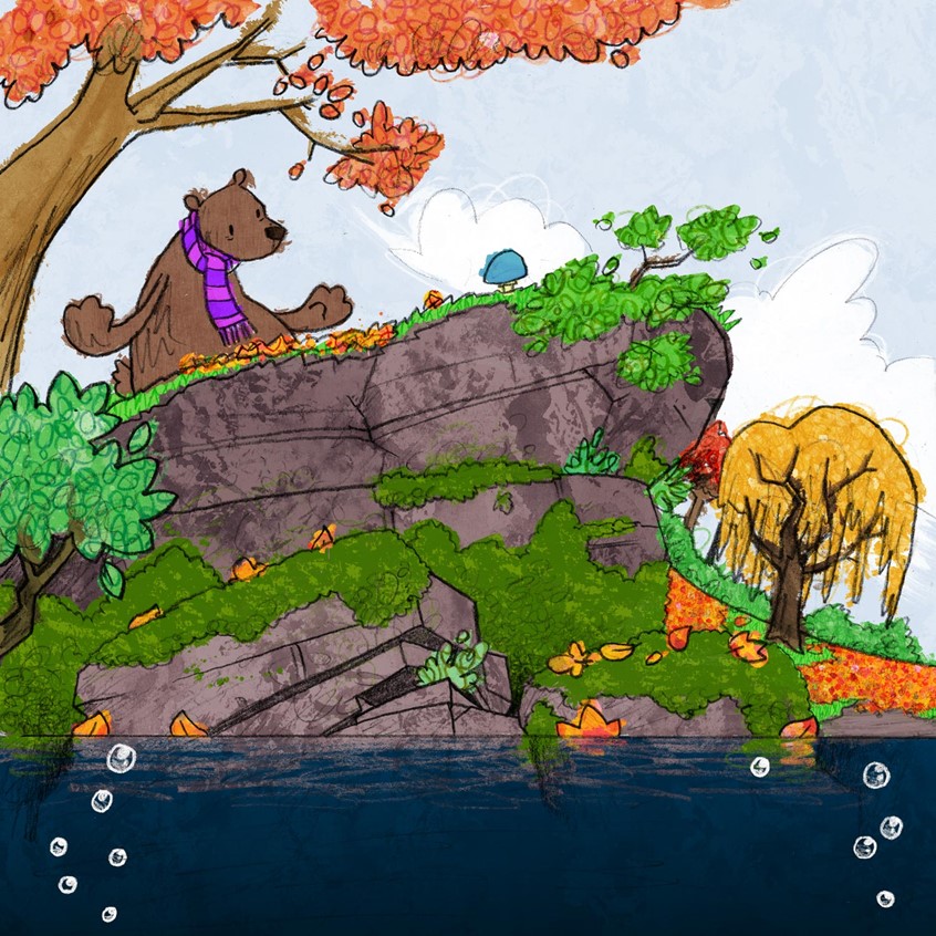 illustration of Excerpt from a work in progress picture book about animals, their habitats, the changing seasons, making friends and trying to find somewhere where you belong // bear, lake, underwater, bubbles, scarf, forest, Autumn, Fall, Winter, rocks, moss, leaves, trees, forest, woods, willow