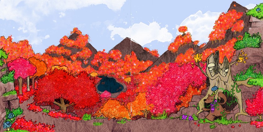 illustration of Excerpt from a work in progress picture book about animals, their habitats, the changing seasons, making friends and trying to find somewhere where you belong // cave, bear, scarf, leaves, Autumn, Fall, Winter, mushrooms, tree stump, trees, flowers, grass, forest, mountains, woods, rocks, vista, hibernation