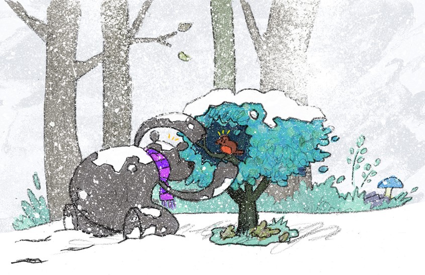 illustration of Excerpt from a work in progress picture book about animals, their habitats, the changing seasons, making friends and trying to find somewhere where you belong // bear, robin, bird, bush, shrub, forest, Winter, snow, blizzard, cold, freezing, scarf
