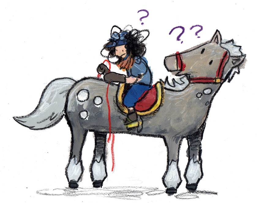 illustration of Excerpt from The Princess and the Fog, my picture book about depression published by Jessica Kingsley Publishing. The book is based on my own experience with depression. I thought it was important to convey some of the symptoms that other media don't always cover. Everyone knows that depression makes you sad, but the confusion and lethargy and loss of self aren't talked about enough // mental health, horse, horseback, smoke, confused, sad, depressed, metaphor