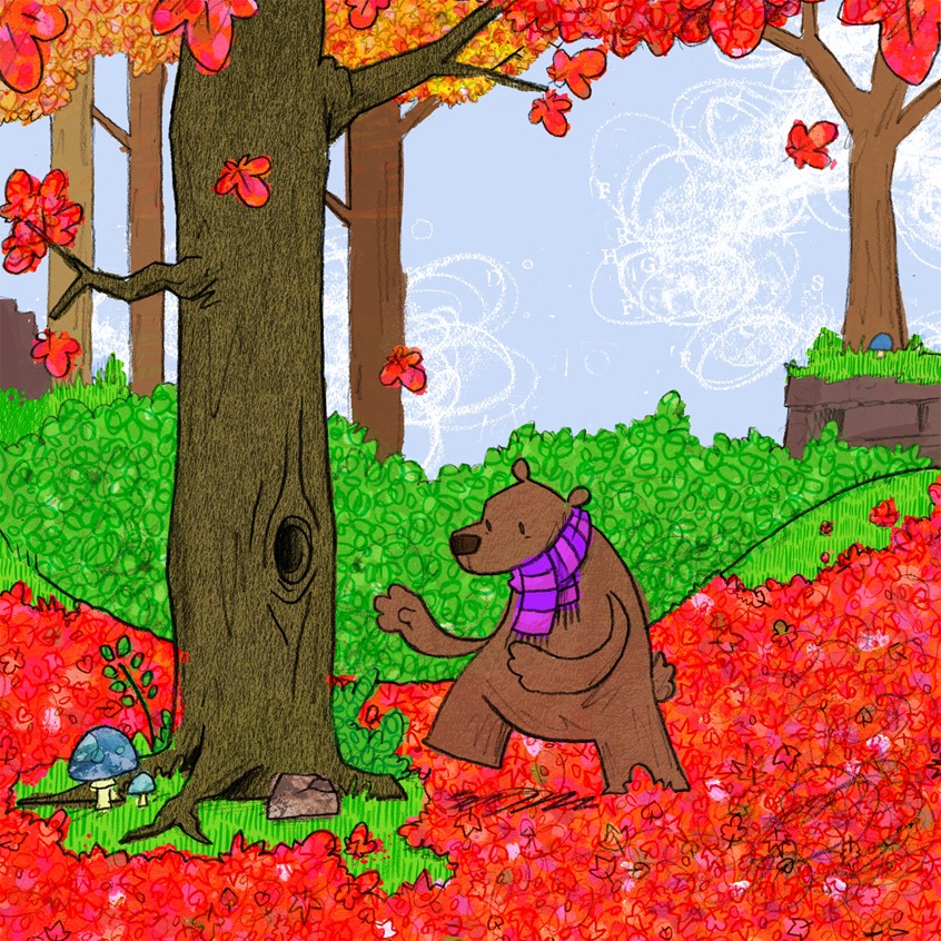 illustration of Excerpt from a work in progress picture book about animals, their habitats, the changing seasons, making friends and trying to find somewhere where you belong // bear, leaves, Autumn, Fall, Winter, forest, woods, woodland, mushrooms, trees, tree, scarf