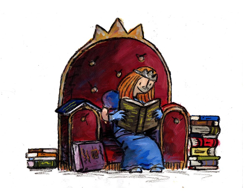 illustration of Excerpt from The Princess and the Fog, my picture book about depression published by Jessica Kingsley Publishing
I chose a princess because it's a character archetype that kids will recognise right away. I also chose a princess in order to get across the fact that mental illness isn't fair. It can affect anyone, even someone whose life appears to be perfect // royalty, chair, armchair, books, reading, fairytale, fairy tale, smile, happy, mental health, depressed