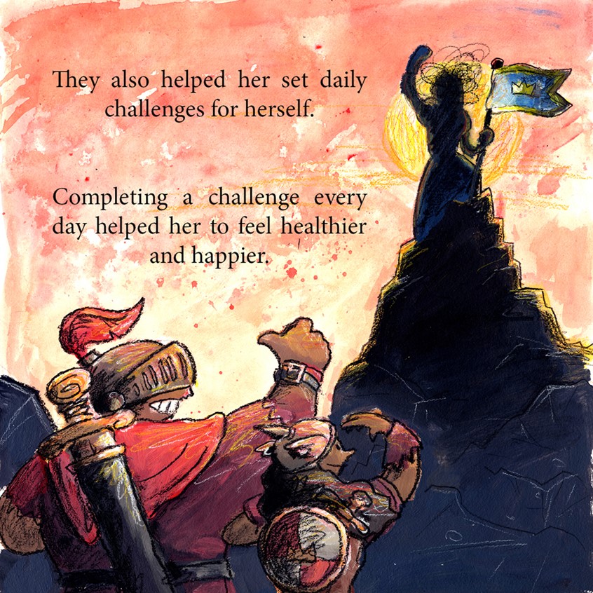 illustration of Excerpt from The Princess and the Fog, my picture book about depression published by Jessica Kingsley Publishing. As well as discussing the symptoms and causes of depression, the story also takes care to suggest ways to work through it, either by yourself or with the help of others, and ends on an ambiguous but positive note that there are things you can do, and people who can help you // mental health, mountain, climbing, sword, shield, flag, triumph, victory, silhouette, pride, exercise