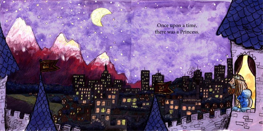 illustration of Excerpt from The Princess and the Fog, my picture book about depression published by Jessica Kingsley Publishing
The world of the story contains a mix of fairy tale tropes like castles and princesses and knights that kids will recognise from other stories, but also modern, real world features to ground the story and make it more relatable // palace, princess, regal, crown, tiara, flag, pennant, fairytale, city, town, skyscraper, mountains, night, moon, sky, stars, purple, mental health