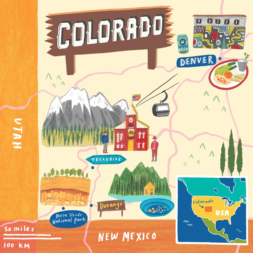 illustration of Illustrated Map of Colorado for Lonely Planet Magazine in 2019.
Colorado, mountains, ski, skiing, parks, travel, explore, adventure, walking, hiking, food, drinks, trees, USA, signage, typography, editorial