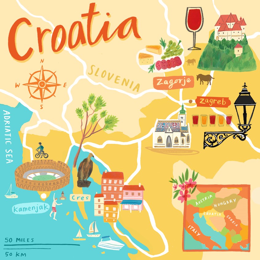 illustration of Illustrated map of Croatia for Lonely Planet Magazine in 2019.
Croatia, Travel, Adventure, Travel illustration, Sea, Animals, Nature, Holidays, Culture, Boats, Editorial, Maps, Illustrated Maps,