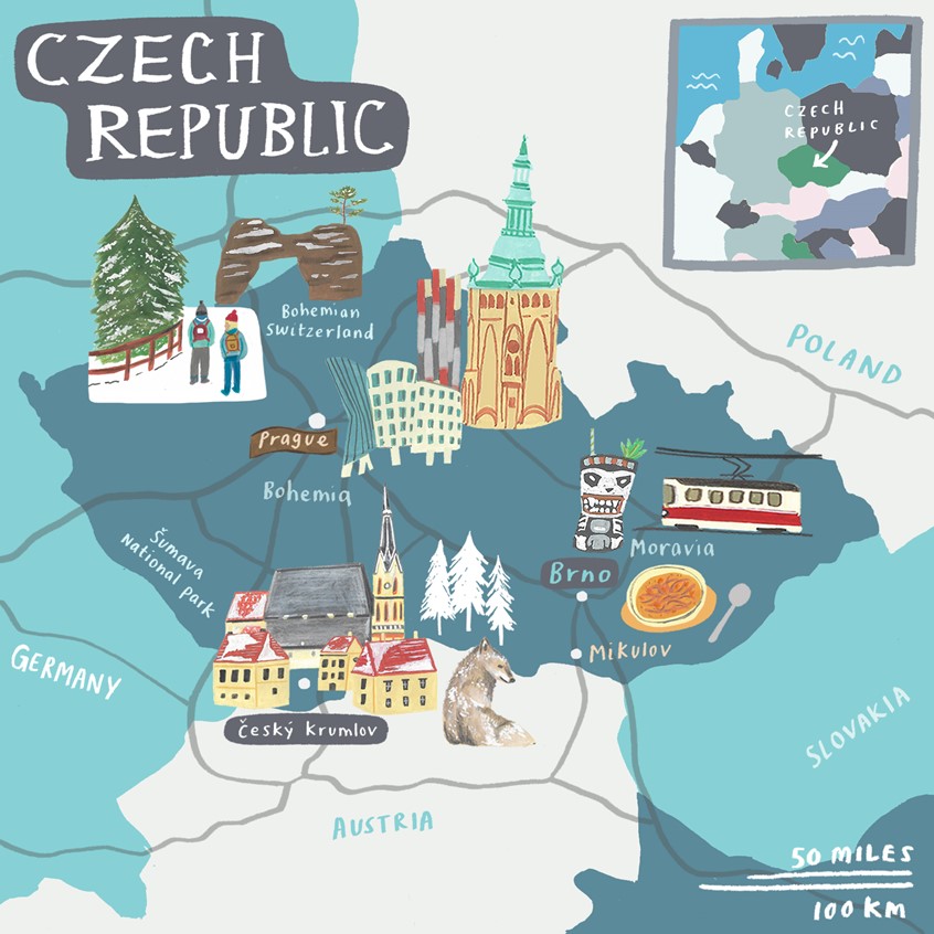 illustration of Illustrated Map of the Czech Republic for Lonely Planet Magazine in 2019.
Czech Republic, winter, city, animals, city break, cocktails, skiing, food, drink, snow, snowy, map illustrations, maps.