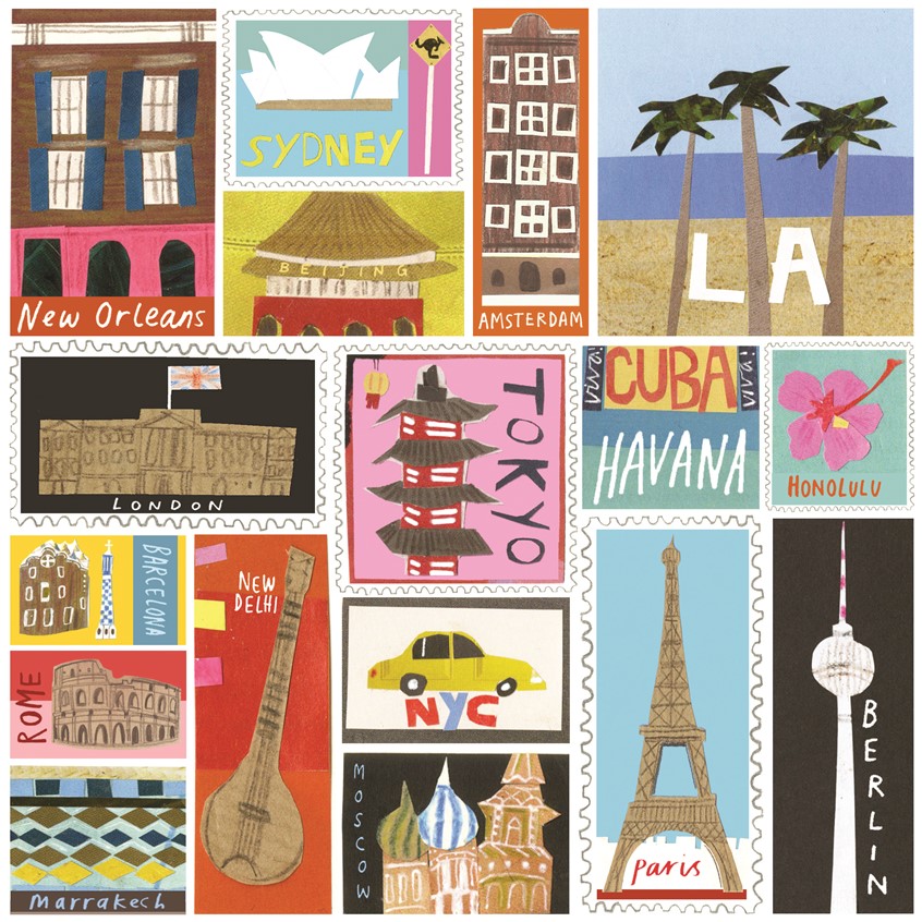 illustration of Travel Stamps.
Travel, illustrations, City Japn, Usa, Berlin, UK, LA, Hawaii, Australia, explore, holiday, culture, pattern, stamps, typography, collage.