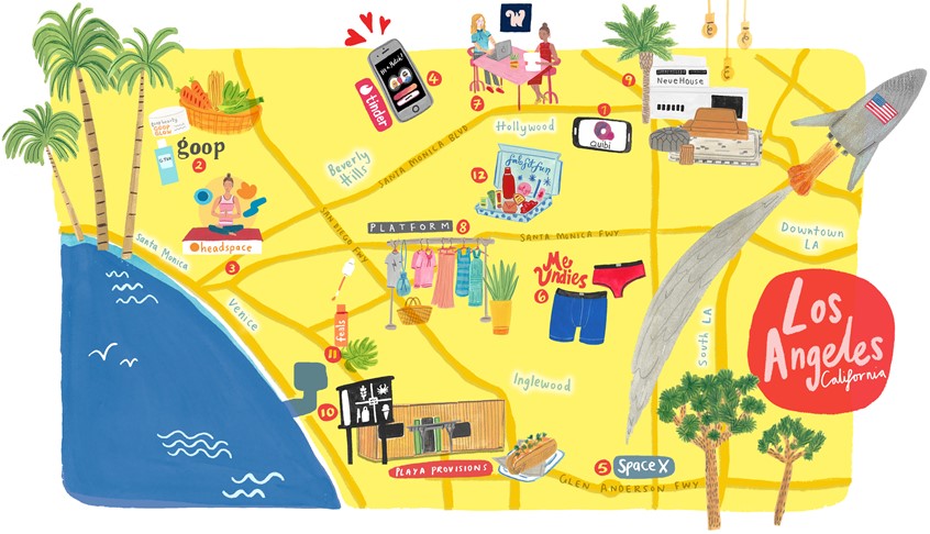 illustration of Map of Los Angeles for Grow by Facebook - Facebooks business magazine.
mixed media, palm tree, los Angeles, LA, USA, maps illustrations, map, California, healthcare, wellbeing, space, product illustration, food illustrations, shopping, businesses, yoga, health, women.