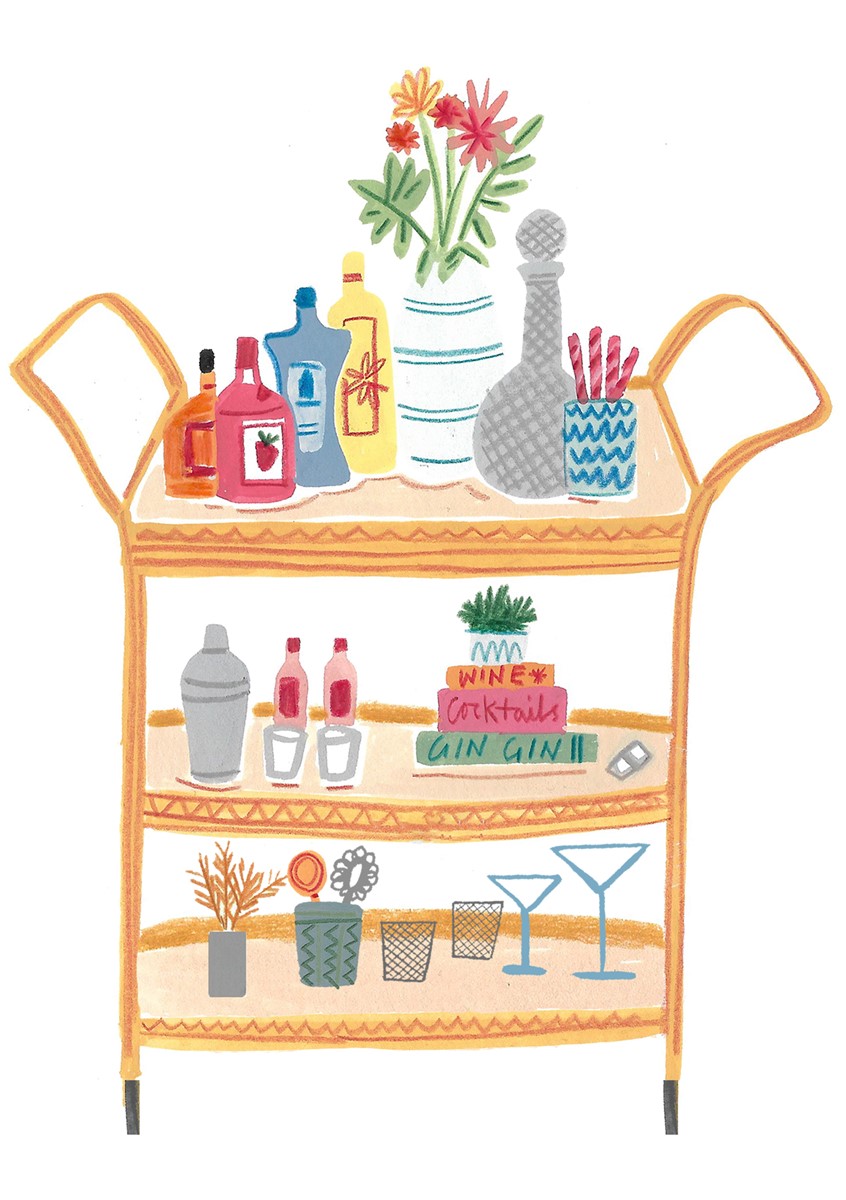 illustration of Cocktail Cart Illustration.
Gin, Rum, Vodka, Cocktails, Interiors, Interior design, Flowers, Books, Party, Painted, Painting, Night out, Night in, drinks, drink illustration, alcohol, soft drinks