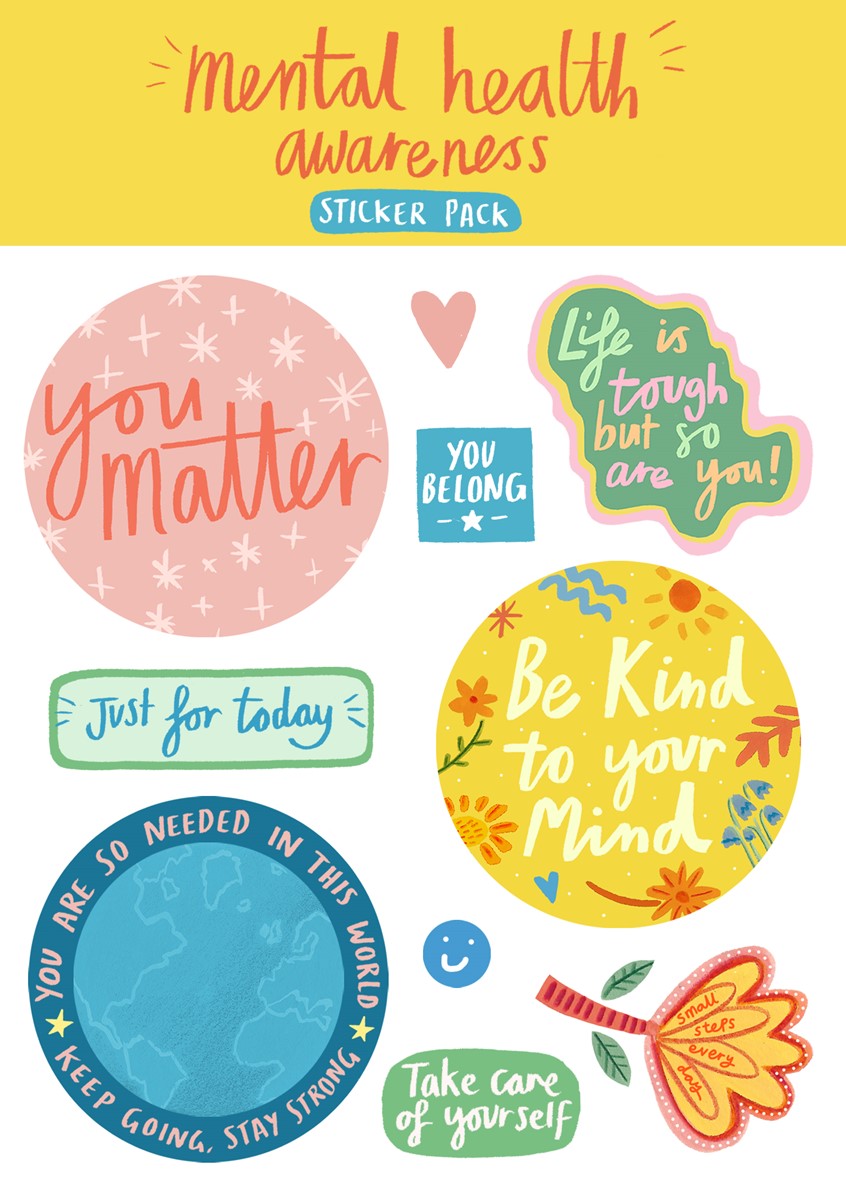 illustration of Mental health awareness stickers to raise money for Mental Health Charities.
Created using mixed media.
Mental health, wellbeing, be kind, slow living, self care, floral, typography, quotes, sayings.