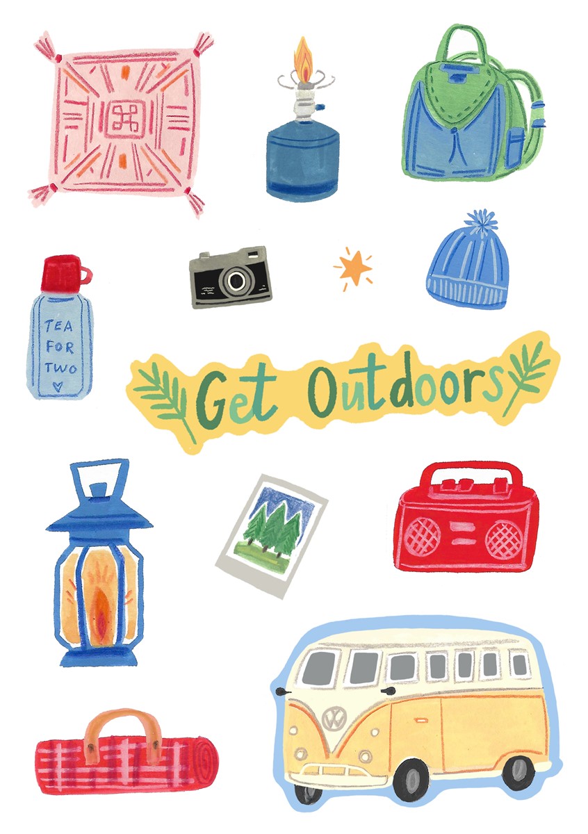 illustration of Camping, adventure, outdoors, spot illustrations, colourful, wanderlust, countryside, objects, colour spot illustrations, editorial, stickers, retro, clothes, lettering, typographic