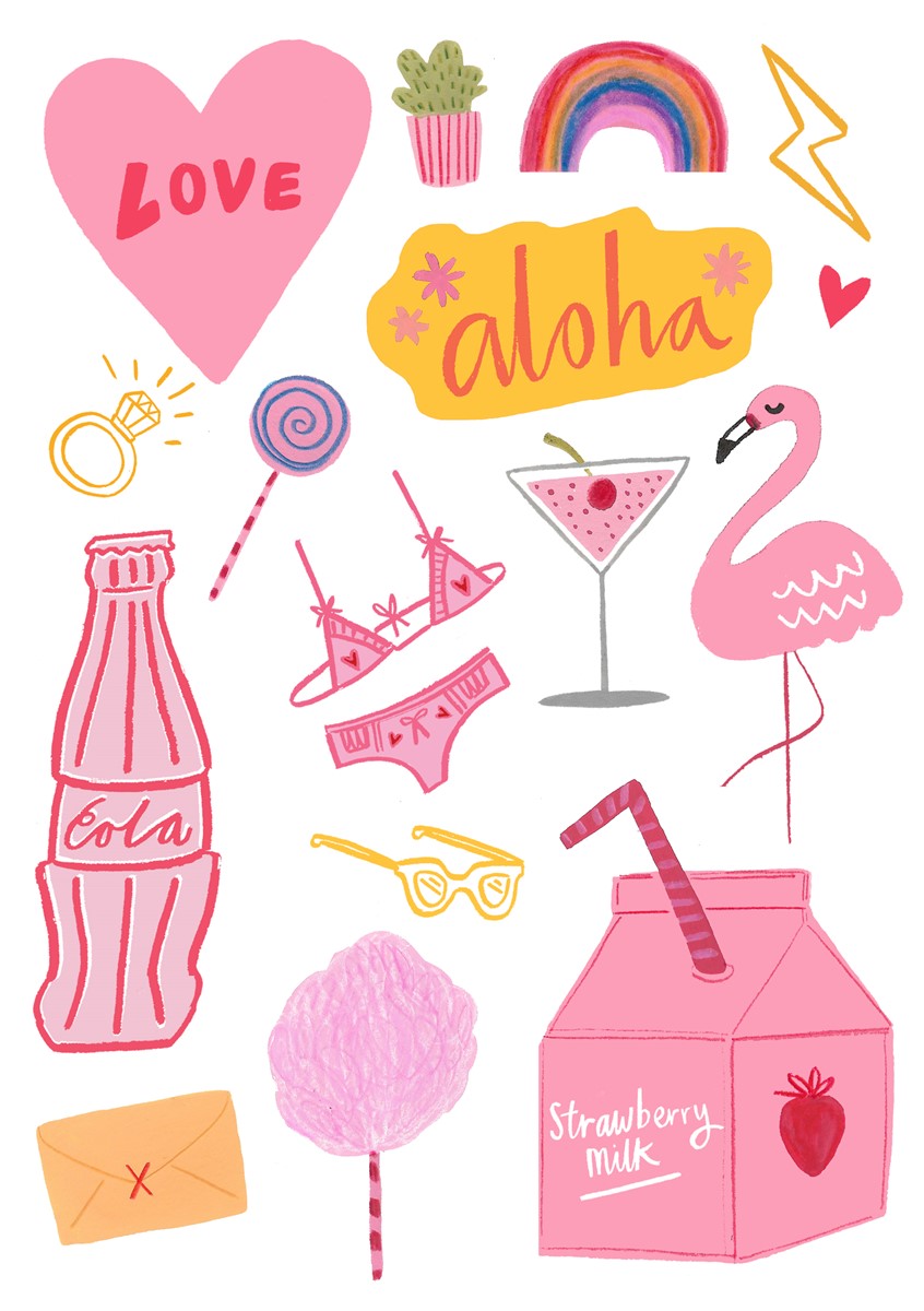 illustration of Girl Gang Sticker design.
Feminine illustration, girl pattern, mixed media, girly, pink, rainbow, flamingo, tropical, cocktail, drinks, plants, fun, shapes, love heart, underwear.