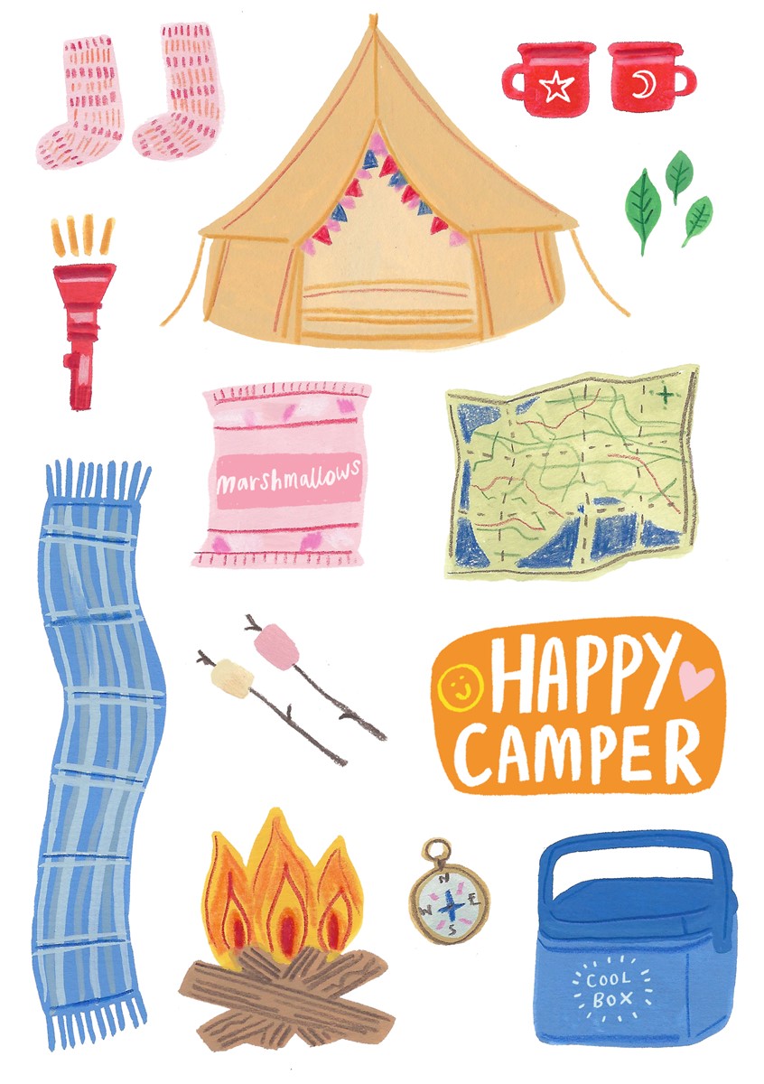 illustration of Camping spot illustrations for stickers packs.
Camping, Adventure, explore, travel, camp, get outside, outdoors, food, drink, clothes, tent, maps, map, spot illustrations, editorial, advertising.