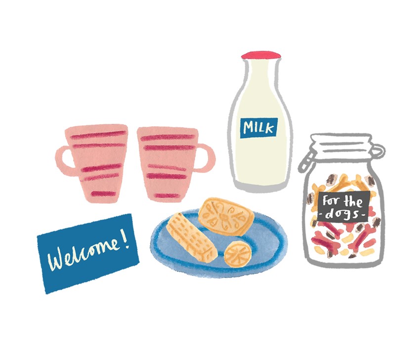 illustration of Illustration to accompany a blog post by Air Necessities, an Air BnB management company.
Created using mixed media, ink, paint, pencil, and digital collage.
Air bnb, travel, hosting, spot illustrations, non fictions, information illustration, editorial, blog, snacks, food, homes, home illustration, info, holidays.