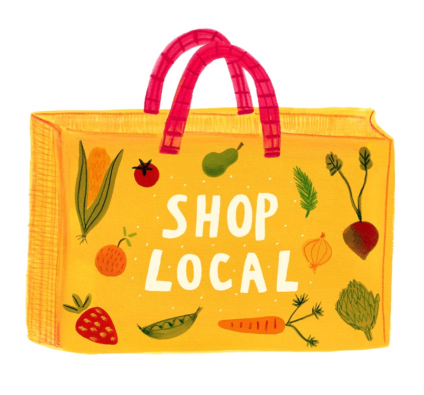 illustration of Shop Local - Colourful and bright shopping bag spot illustration.
Created using gouache paint, pencil and photoshop.
Shopping, shop local, Shop Small, Support Small businesses, Vegetables, Fruit, Fruit and Veg, Bag for life, shops, shopping, editorial