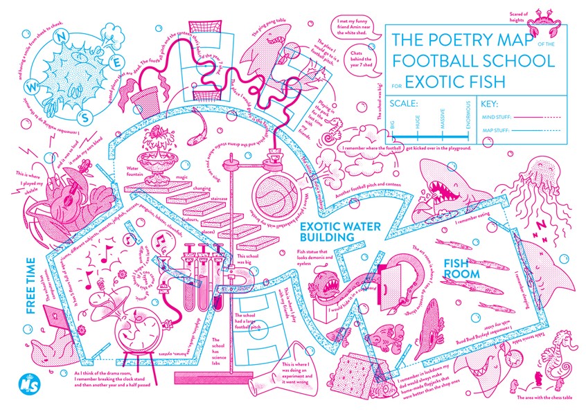 illustration of Mark Oliver takes us back to school in time for the new term with his latest project for the Ministry of Stories. Students across London schools worked alongside a poet to navigate the tricky transition from Primary to Secondary school and how it feels. With a humorous attitude to appeal to students, Mark illustrated their thoughts and feelings, creating this poster which can be picked up in libraries across East London