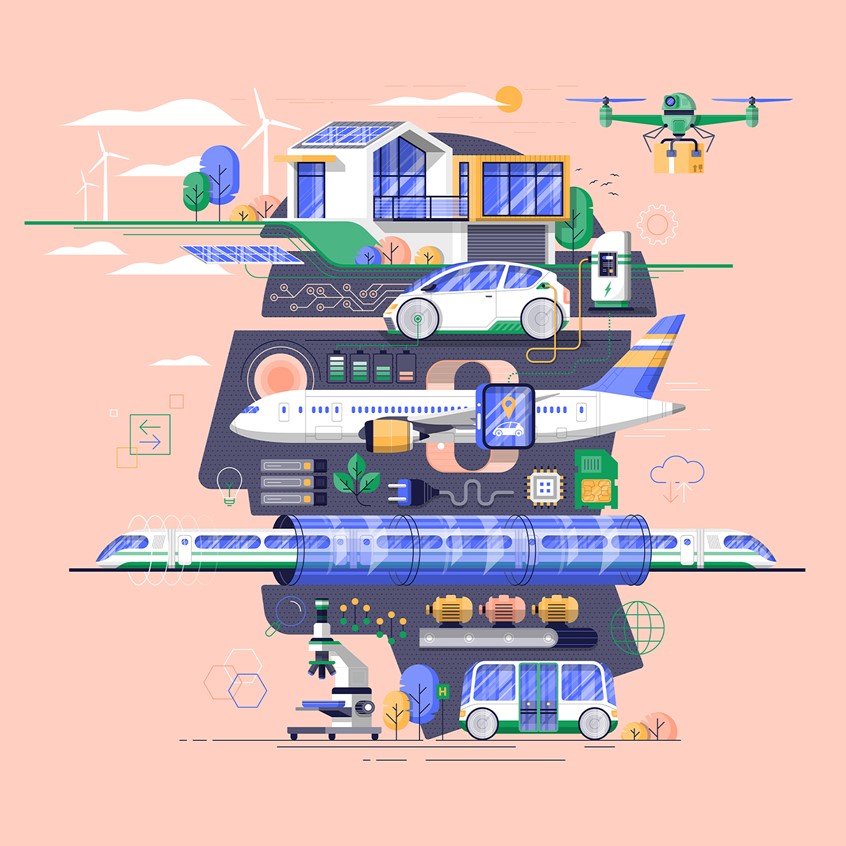 illustration of Editorial illustration for Electrified magazine about the importance of the mobility transition and its consequences for the society. To reach that goal of an advanced sustainable mobility, we have to change our entrenched habits and break through old structures and thought patterns. E-mobility, e-drive, automotive, car, future, green energy