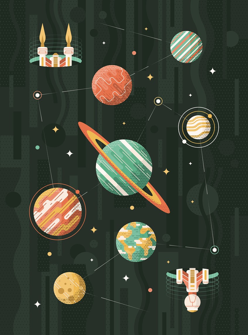 illustration of Editorial illustration on the subject »future« for illustrated pocket calendar 2020 by 3° Verlag and Tapir & Klotz. future, space, planets, wormhole, universe, spaceship, beam, science fiction, mars, earth, venus, jupiter, saturn