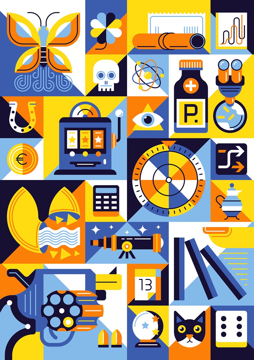 illustration of Editorial illustration on the subject »coincidence« for illustrated pocket calendar 2020 by 3° Verlag and Tapir & Klotz. calendar, chance, luck, death, editorial, future, game, bad luck, divination, happiness
