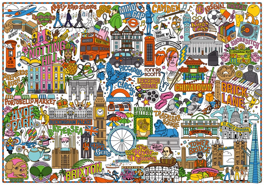 illustration of I created an intricate London-themed illustration for ICONOKLAST, creators of giant coloring posters created by artists worldwide.
My detailed London illustration features a dense tapestry of city landmarks, historical elements, cultural icons, and musical references. It showcases the diverse backgrounds and eras that define London’s unique character. I aimed to blend iconic London landmarks recognizable to visitors with imagery that locals will appreciate.