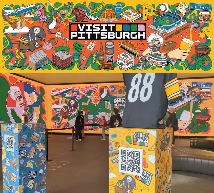 illustration of OUTERNET X VISIT PITTSBURGH Site-specific Installation illustrations: I was commissioned by the team at Outernet Global to create a series of illustrations for an immersive experience celebrating the city of Pittsburgh, Pennsylvania. The installation, developed in collaboration with Visit Pittsburgh, was part of a takeover at Outernet London, located at Tottenham Court Road — a cutting-edge venue featuring floor-to-ceiling wraparound digital screens.