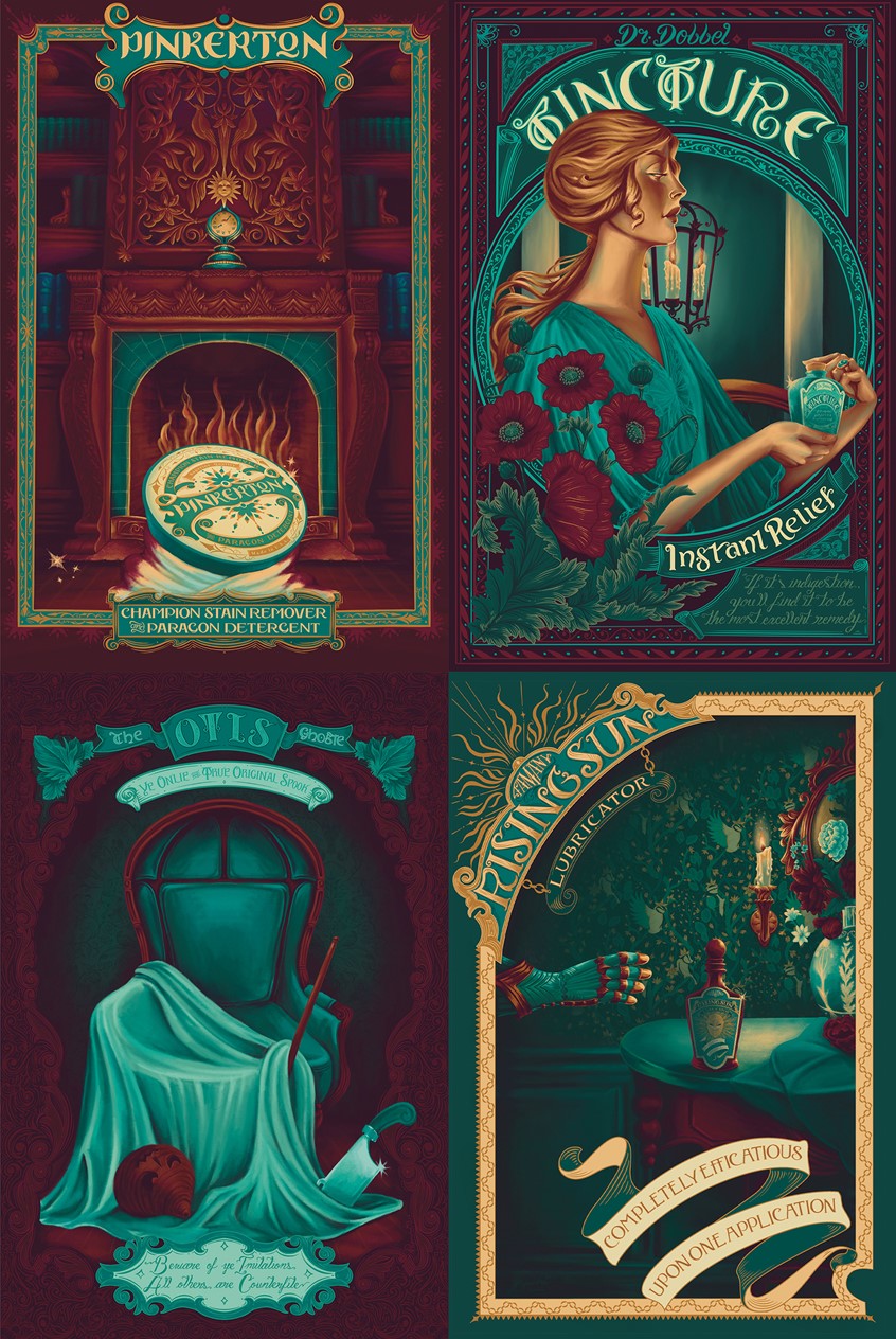 illustration of A series of four vintage ads inspired by Oscar Wilde's Canterville Ghost. This story is full of so many whimsical