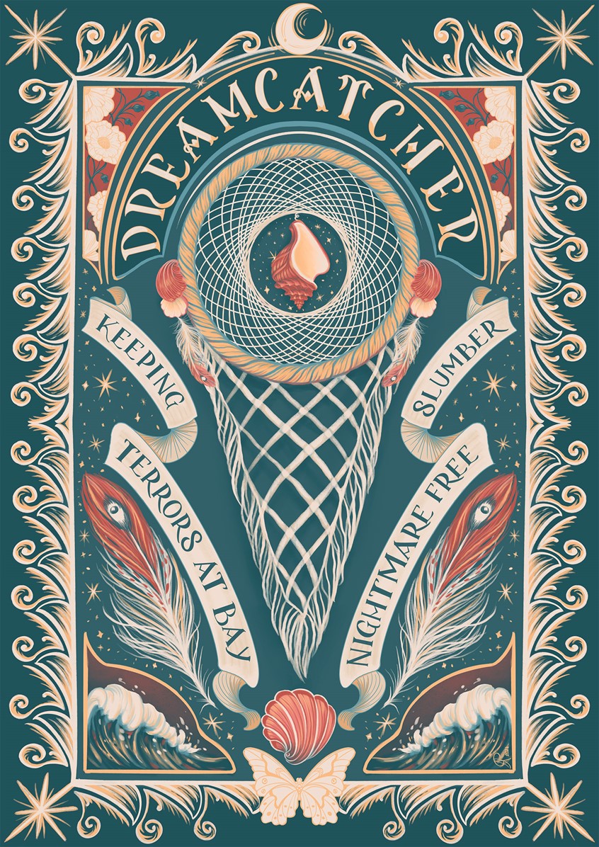 illustration of This piece has a colour palette is made up of dark blues, teals, dark reds and beige. This illustration evokes the beauty and intricacies of an Arts and Crafts editorial art having a dreamcatcher as the central element. Around the illustration, you can find white poppies, ocean waves, seashells and a butterfly framed by stars and the Moon.