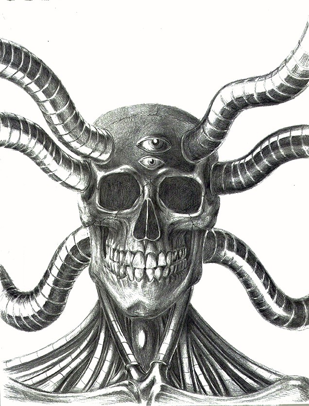 illustration of A graphite skull and chrome study, inspired by the work of graphite artist Allen Williams. This piece of macabre dark art was initially a life drawing study of a skull. As I drew the image, it seemed to become more and more visually alive which inspired me to take the drawing and turn it into a study of chrome as well as a horror themed scifi drawing. The chrome on the neck is set up to emulate the musculature of the human neck. This was done to make it more scary looking.
