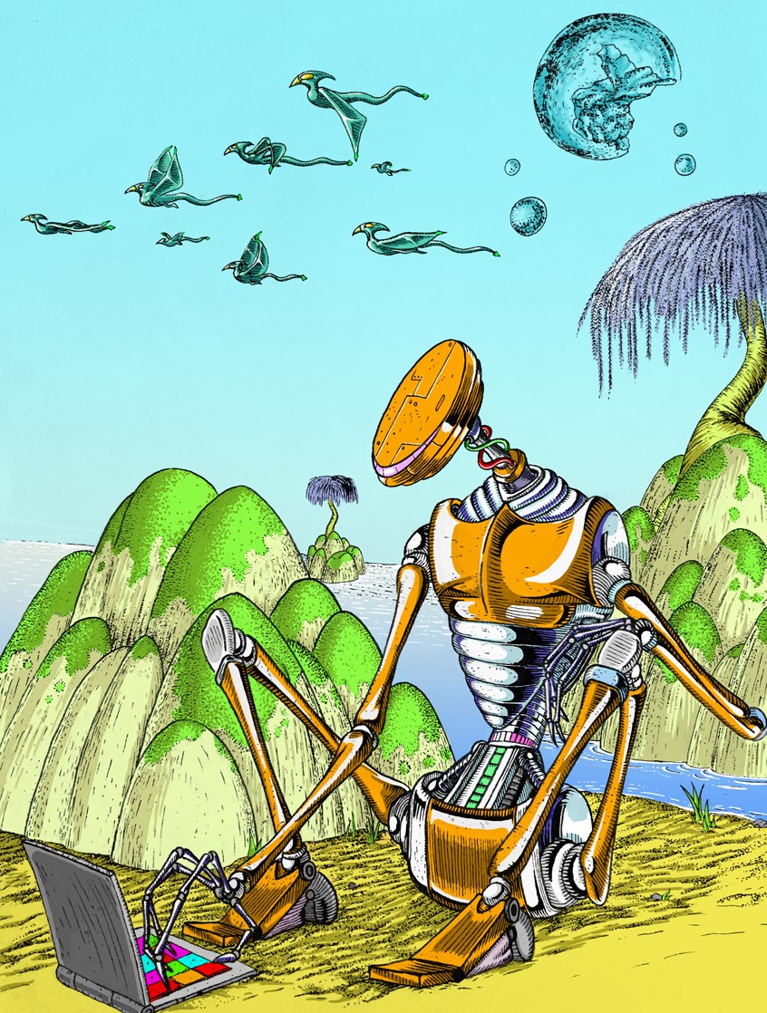 illustration of A personal hand drawn and digitally colored illustration. The story depicted in the image is post-apocalyptic world and this robot has stumbled upon an old computer that still works and is exploring the past of human history. This was my first attempt at using a fountain pen and ink well.
#illustration #drawing #ink #psychedelic #moebius #phillipecaza #space #intergalactic #yellow #green #tree #ecology #chrome #shiny #procreate #ipad #freelance