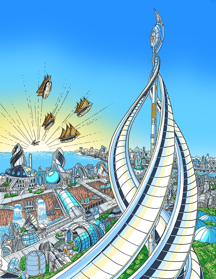 illustration of Hand drawn and digitally colored personal illustration. This is the first drawing I've done in the Solar Punk genre. A genre that depicts a future where humanity co-exists in an ecologically synergistic manner with the planet. In order to show the health and vibrancy of the city, I decided to make it clean and lively using white, grey and various blues and greens. My goal is to convey a sense of optimism about a green and healthy future on this planet.