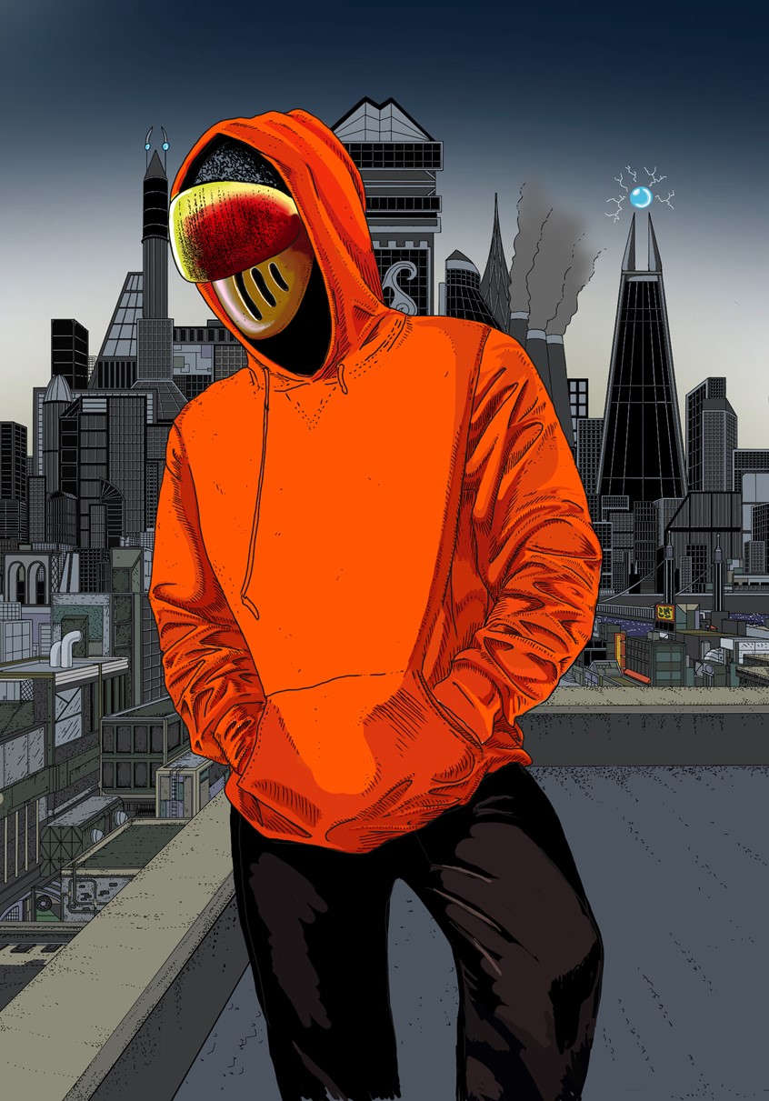 illustration of A digitally commissioned musical profile illustration. The music was calm etheric scifi instrumentals. For this piece I digitally drew over a photograph of the musician and drew in the grey and black background in order to use the contrast with the orange to make the musician stand out more. I also wanted to give the feeling that the musician is a type of rebellious hero in a dystopian society by having him be the only thing in the picture with bright lively colors.