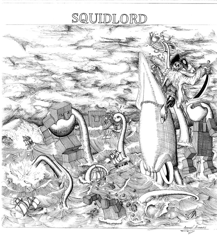 illustration of The album cover and poster design for the Asheville, NC sludge metal band, SQUIDLORD. This piece was inspired by the scrimshaw drawings that were drawn by whalers in the 1800s. The piece depicts the actual squid lord fighting with a fleet of naval ships and a group of stone golems. The goal was to portray the squid lord as the form of chaos by having him fighting humans and the forces of nature themselves as represented by the golems.