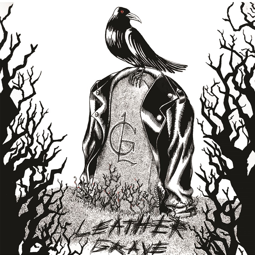 illustration of Hand drawn ink illustration for the Greensboro, NC thrash metal group, Leather Grave. The band hired me to create this album cover for their self-titled 2020 debut album. They gave me almost total creative freedom on this piece and I had a fun time designing it. The band asked for a logo using their band initials and asked me if I could incorporate a raven to add to the macabre design since their music is classic horror movie themed.