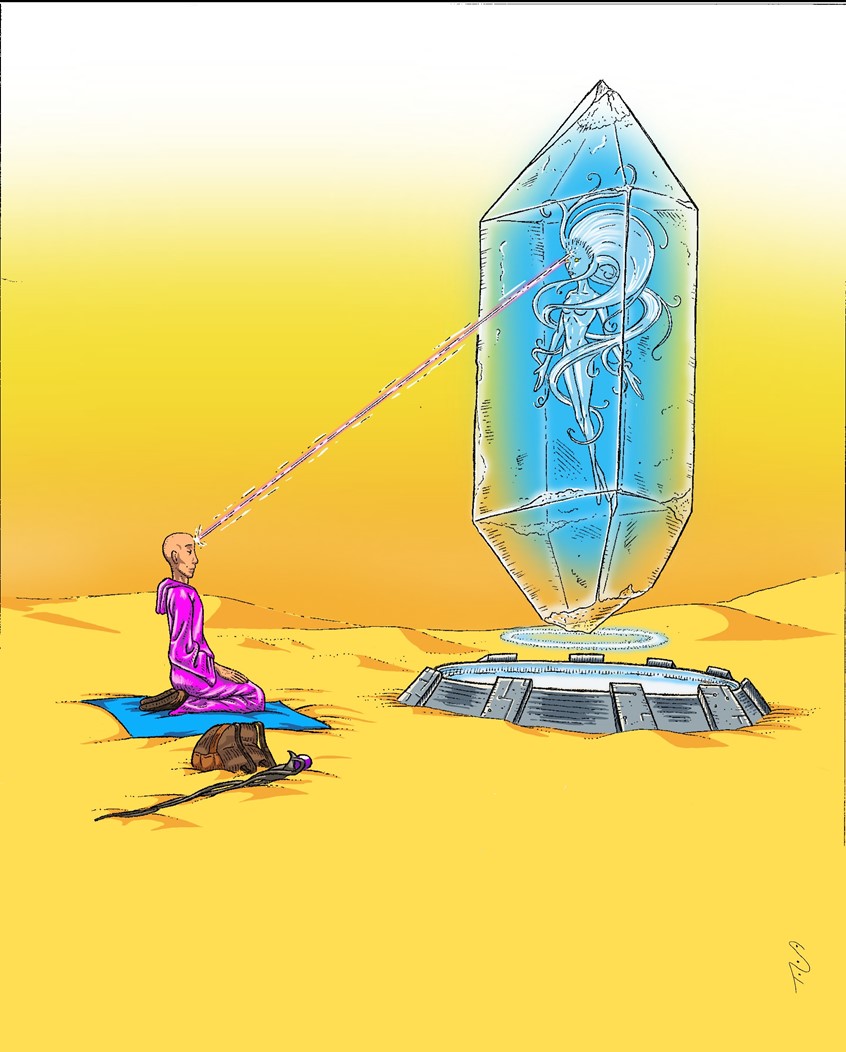 illustration of Hand drawn and digitally colored ink illustration. Drawn as an imagination exercise, it was also inspired by the art of Moebius. I wanted to give this scifi drawing a little bit of a spiritual feeling by having a large desert environment and the swirling whimsical look of the lady in the crystal.
psychedelic yellow machine technology book illustration album cover game art brand product.