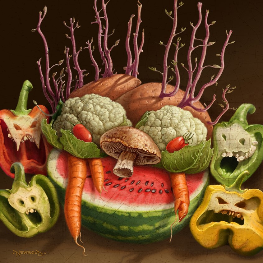 illustration of From If Monet Painted a Monster. Children's book illustration based on the anthropomorphic still life paintings. of Giuseppe Arcimboldo. children's book illustration picture book, humorous fruit vegetable realistic quirky funny mysterious creepy fun produce vintage crackle farm market cover poster