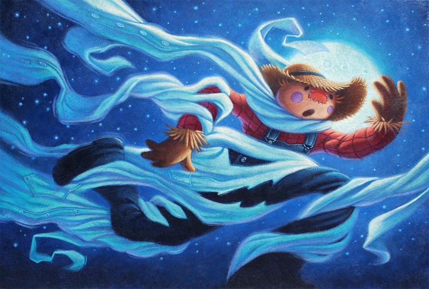 illustration of Unpublished children's book illustration about a scarecrow that is frightened of everything. picture book cover Halloween moonlight action creepy fun scary kid friendly moon night nocturnal stars farmer farm vintage classic adventure stylized whimsical acrylic Holiday Halloween