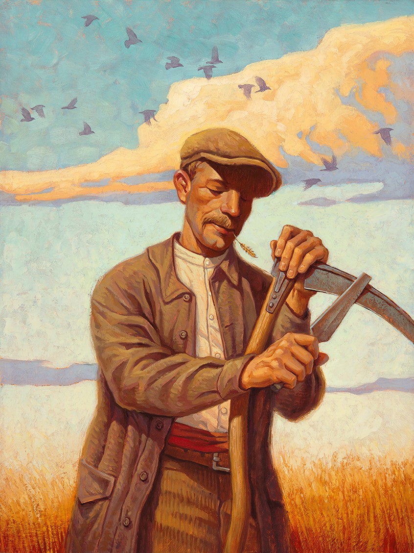 illustration of cover for the vintage French clothing magazine Avant featuring a farmer taking a moment to sharpen his scythe before cutting the fall grain. Birds pass in the distance. 18
