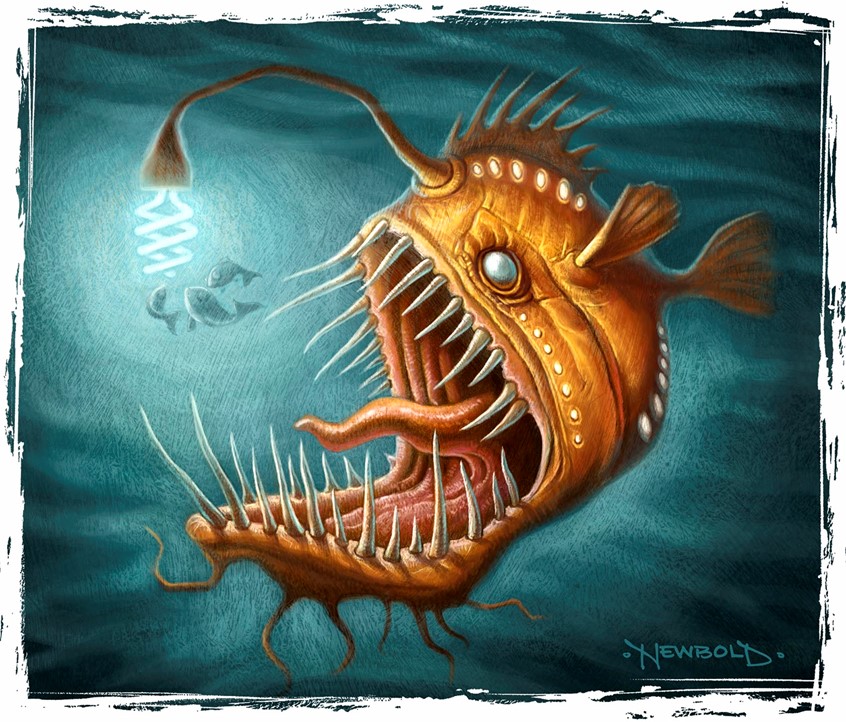 illustration of Conceptual digital editorial illustration imagining how an angler fish might go green. florescent creepy scary funny ocean creature attract prey thoughtful abstract idea environment sustainable energy waste recycle electricity