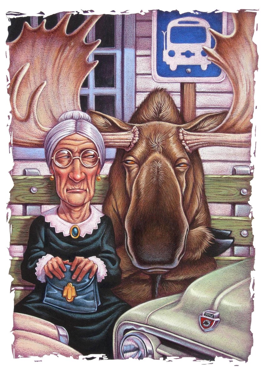 illustration of Editorial illustration for an article detailing Park City's problem with wildlife wandering into the city limits. old lady grandma moose funny humor humorous bus stop antique vintage, Americana fun animal people concept