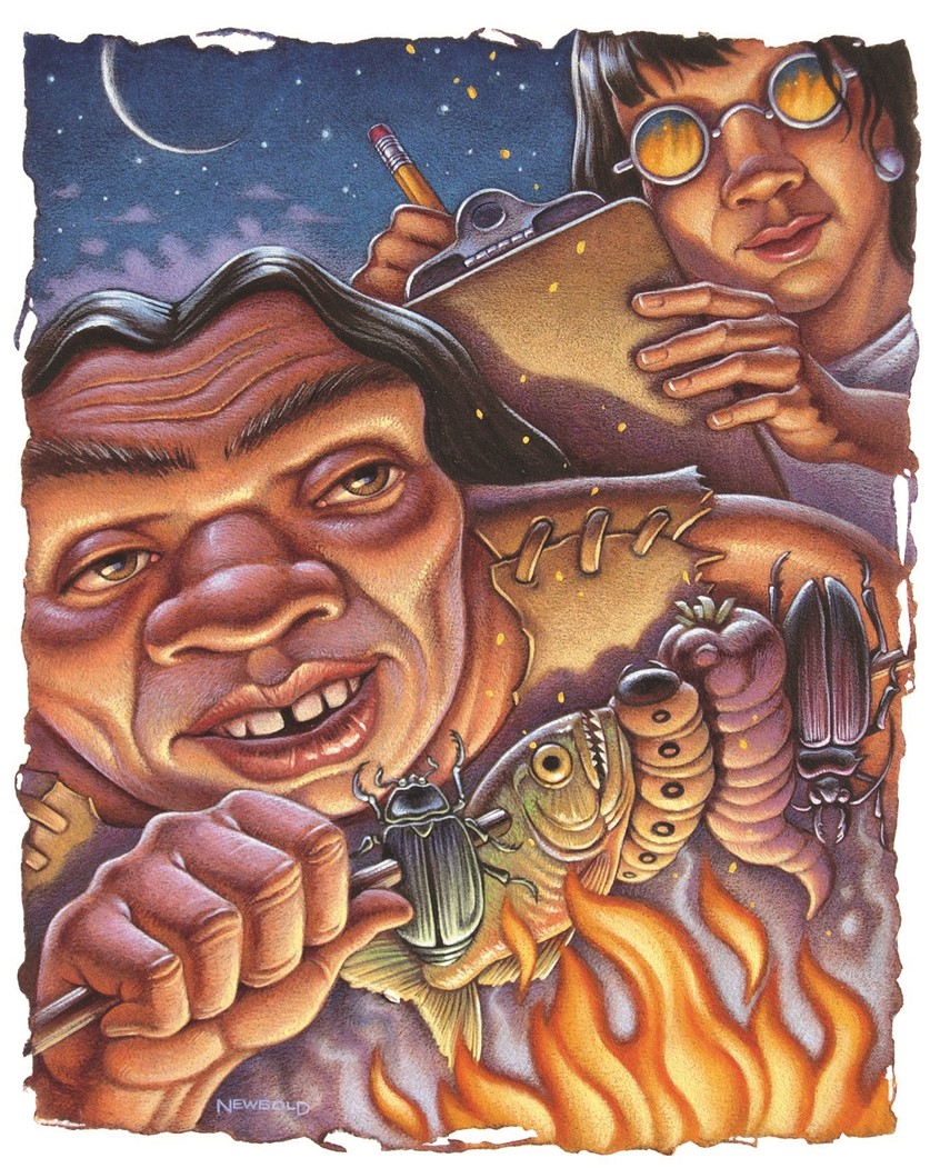 illustration of Editorial illustration for a magazine article detailing the benefits of a paleo diet. A scientist studies the caveman while he grills a typical meal of fish insects larvae and root vegetables. fun funny neanderthal fire diet health wellness food cooking eat cook study science